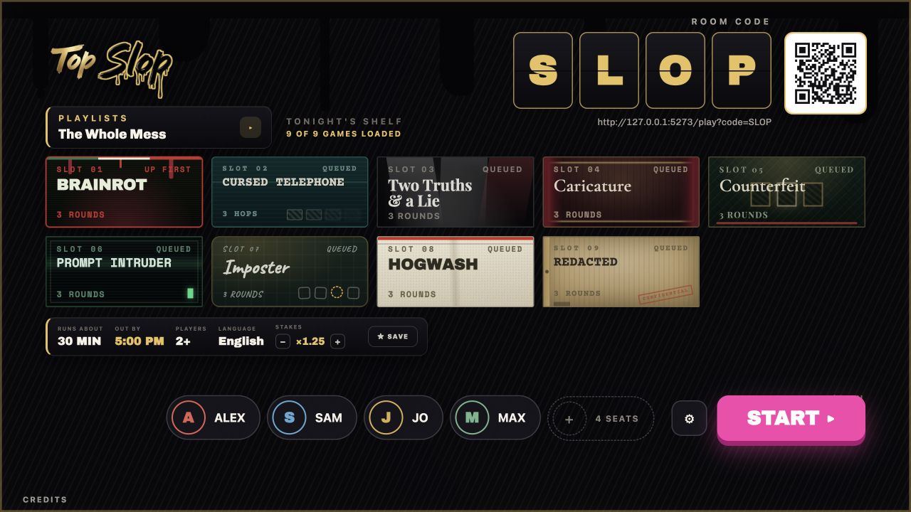 English Top Slop lobby with all nine games loaded