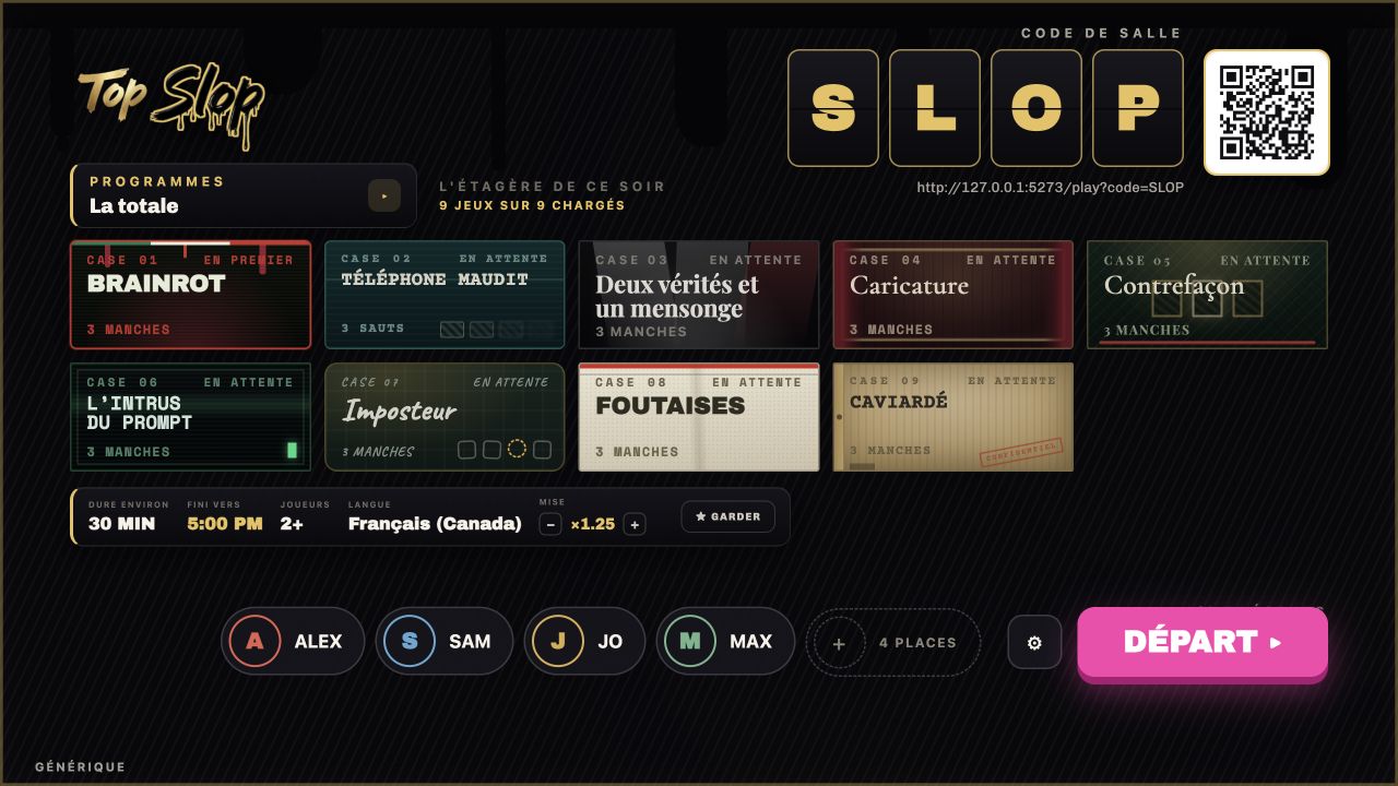 Salle Top Slop en français avec les neuf jeux chargés